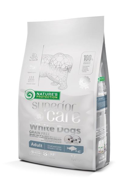 Сухий корм Nature‘s Protection Superior Care White dogs Grain Free Salmon Adult Small and Mini Breeds для дорослих собак всіх порід з білим забарвленням шерсті з лососем 1,5 кг NPSC45834 фото
