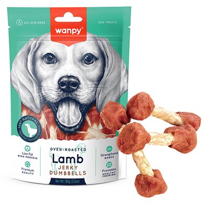 Лакомство Wanpy Lamb Jerky Dumbbells для собак из вяленого мяса ягненка с сыромятной кожей 100 г LA-05H фото